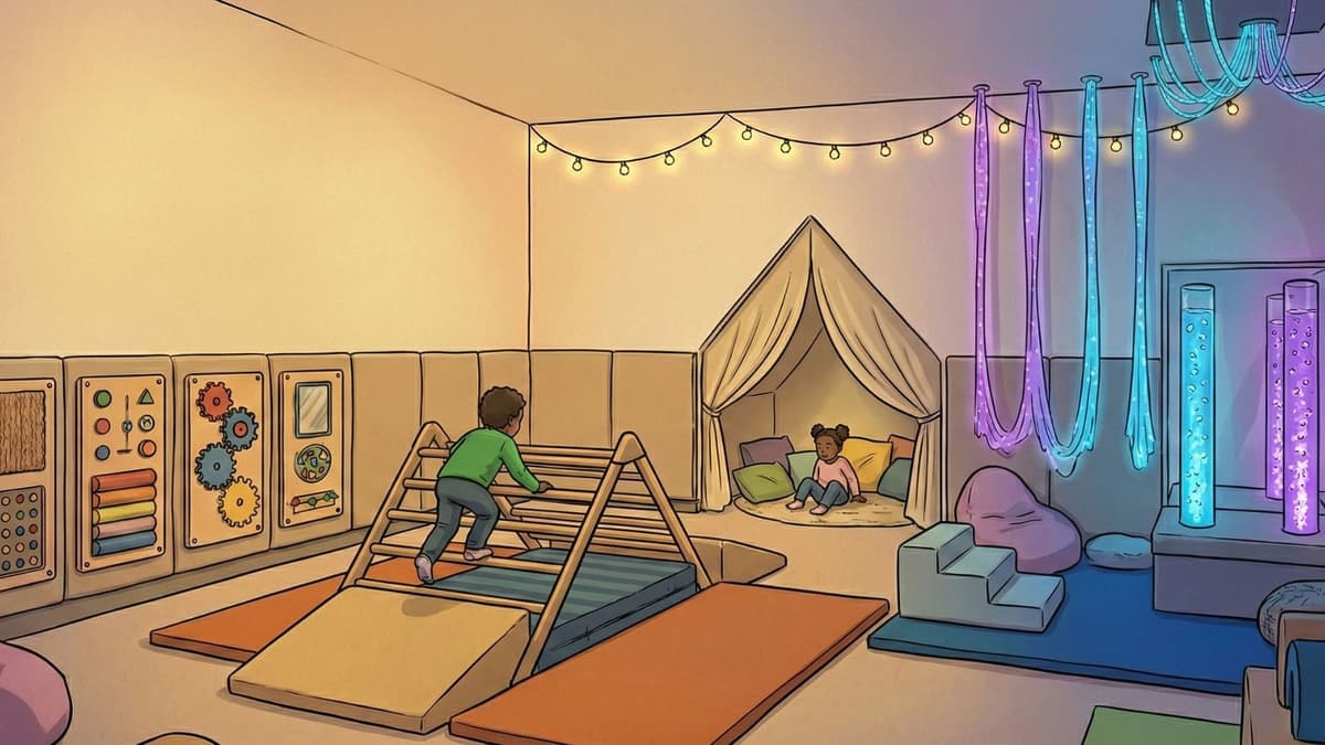 Kids sensory room with soft play equipment and calming lights