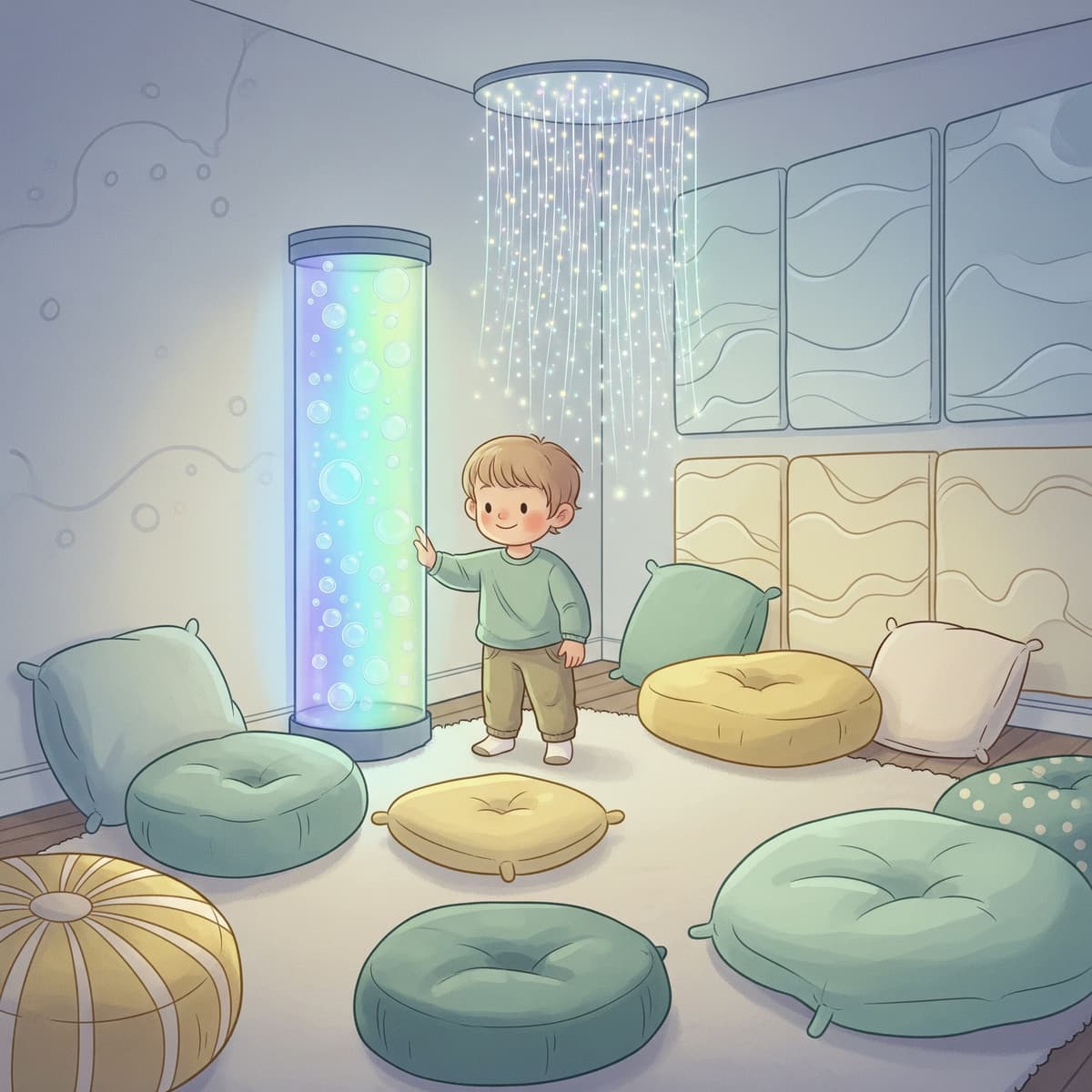 Kids sensory room with soft play equipment and calming lights